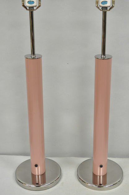Mid Century Modern Bubble Gum Pink Cylinder Column Chrome Table Lamp - a Pair