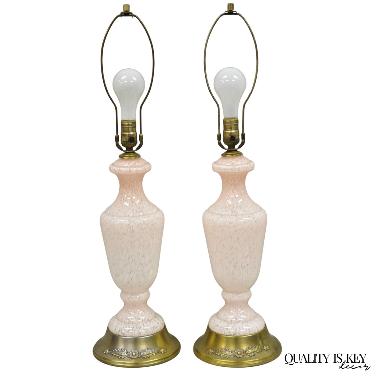 Vintage Mid Century Modern Italian Murano Glass Speckled Pink Table Lamps a Pair