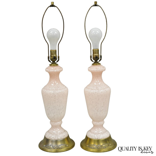 Vintage Mid Century Modern Italian Murano Glass Speckled Pink Table Lamps a Pair