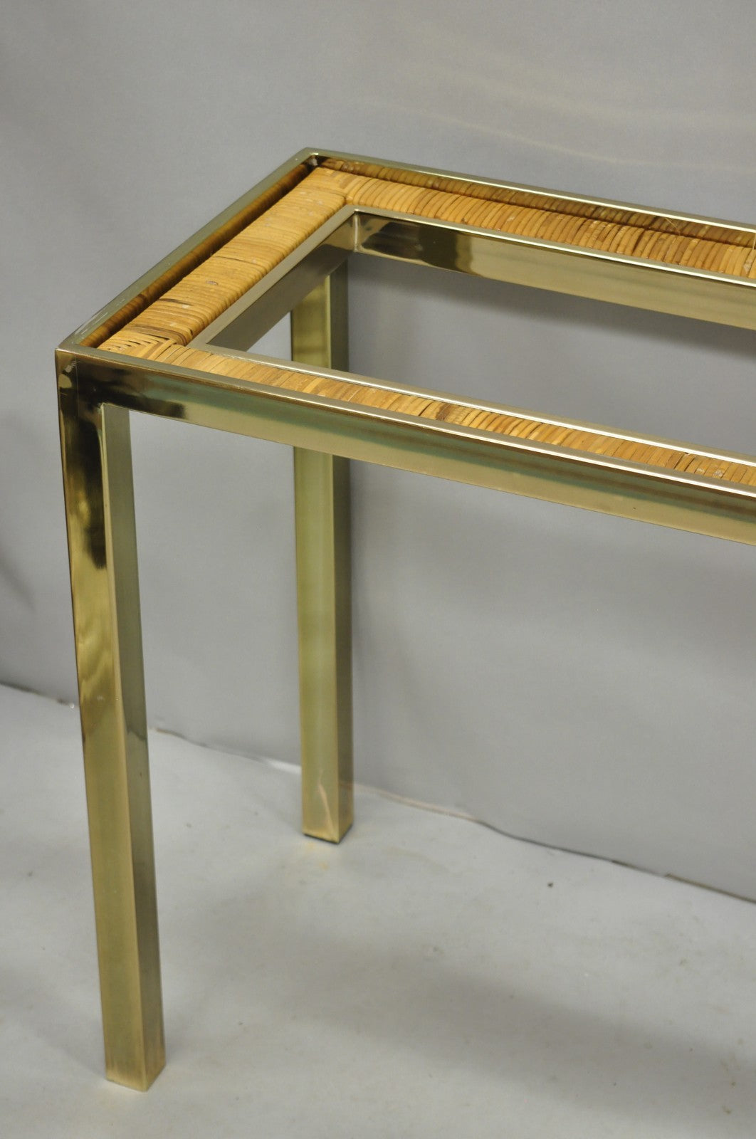 Vintage Mid Century Modern Brass Metal and Rattan Gold Console Hall Table
