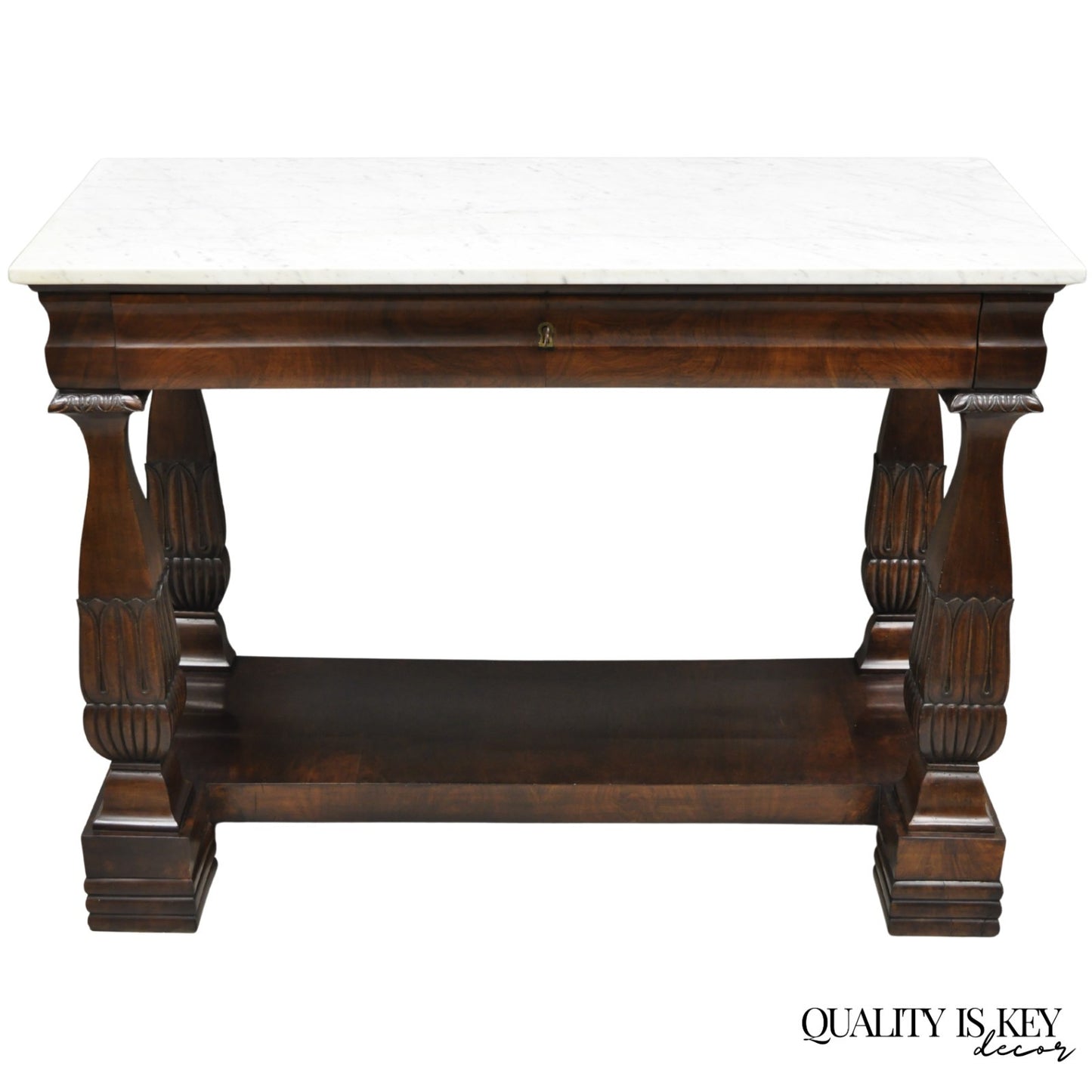 Antique French Empire Mahogany White Marble Top Console Hall Table w/ Drawer