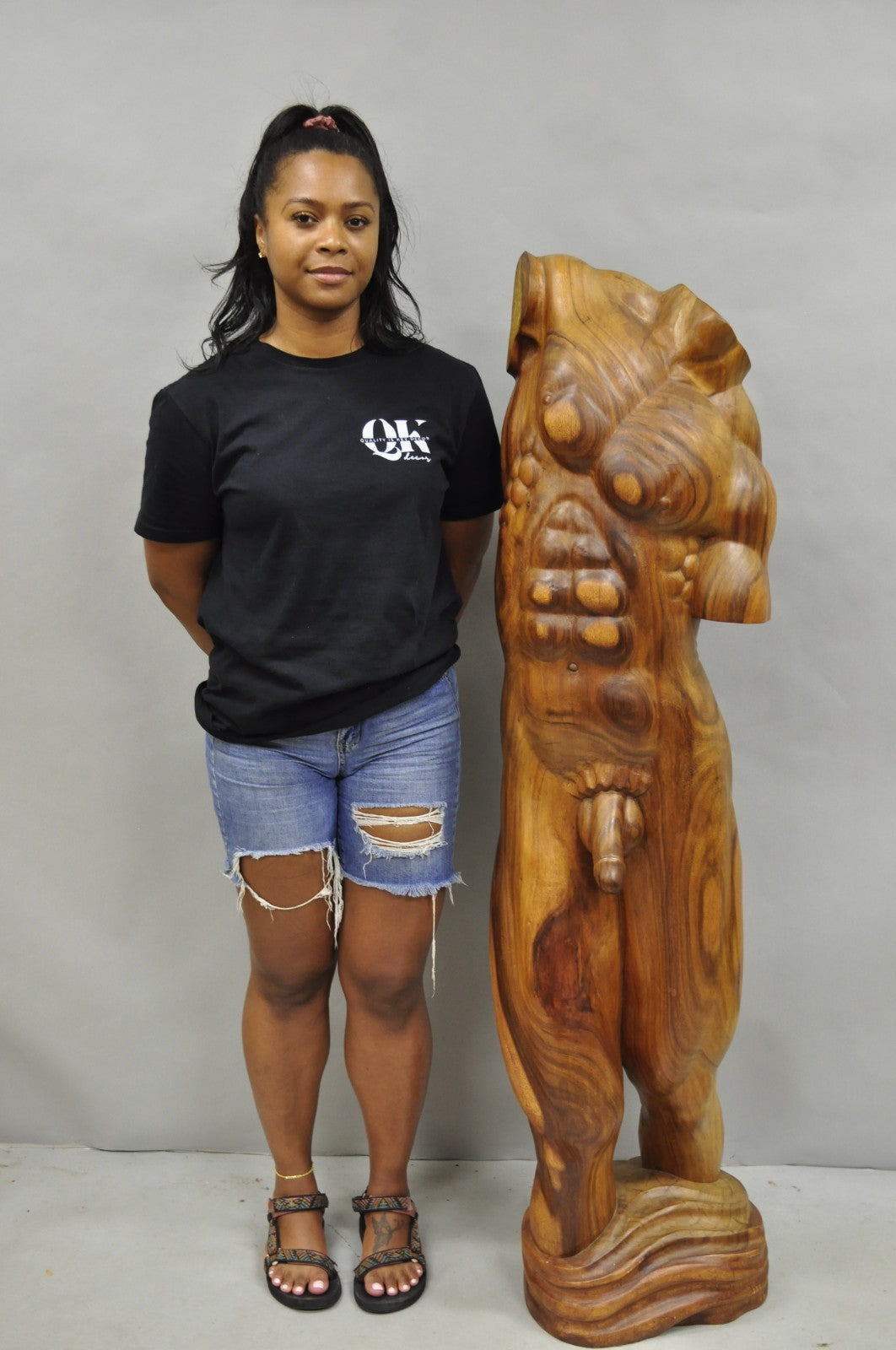 Vintage Mid Century Modern 60" Life-Size Nude Male Carved Wood Statue Sculpture