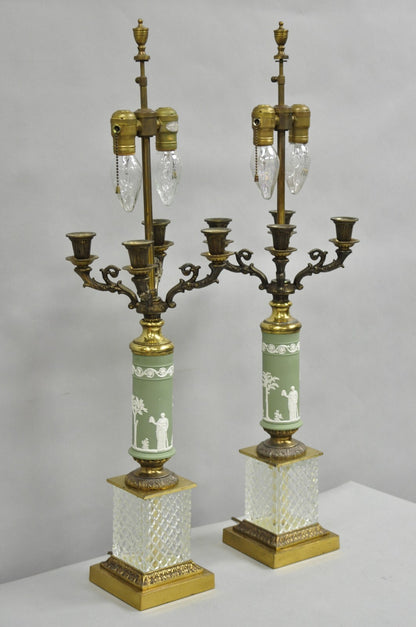 Vintage French Neoclassical Green Jasperware Candelabra Table Lamps - a Pair