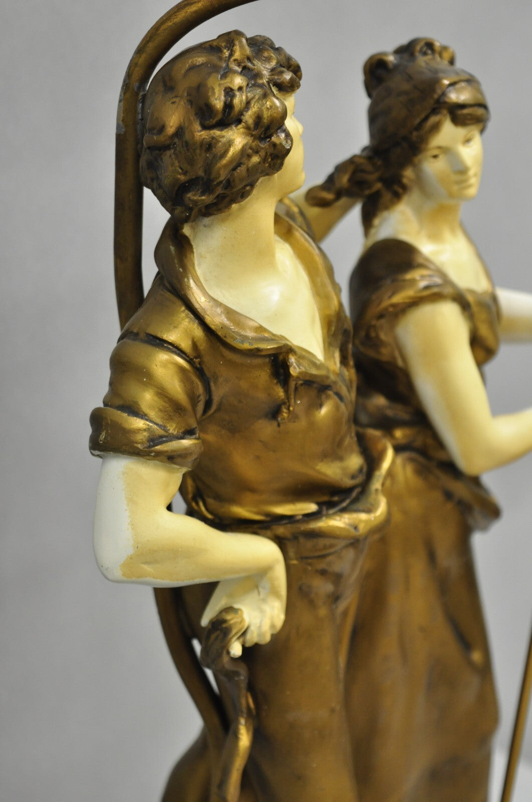 Antique French Renaissance Moreau Figural Metal Table Lamp, Wife & Farmer
