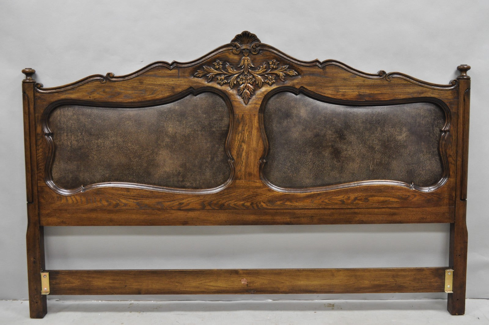 Vintage French Country Provincial Oak Wood Upholstered Panel King Bed Headboard