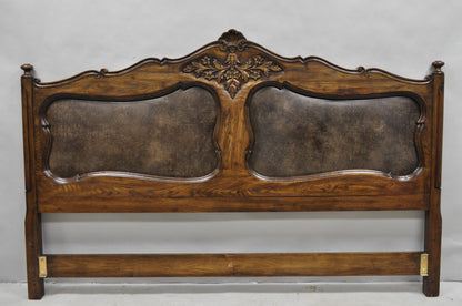 Vintage French Country Provincial Oak Wood Upholstered Panel King Bed Headboard
