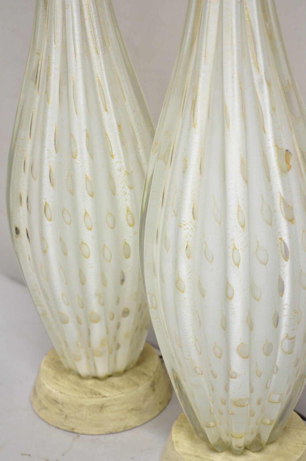 Vintage Murano Italy Camer Glass Gold Flecks White Sinuous Table Lamps - a Pair