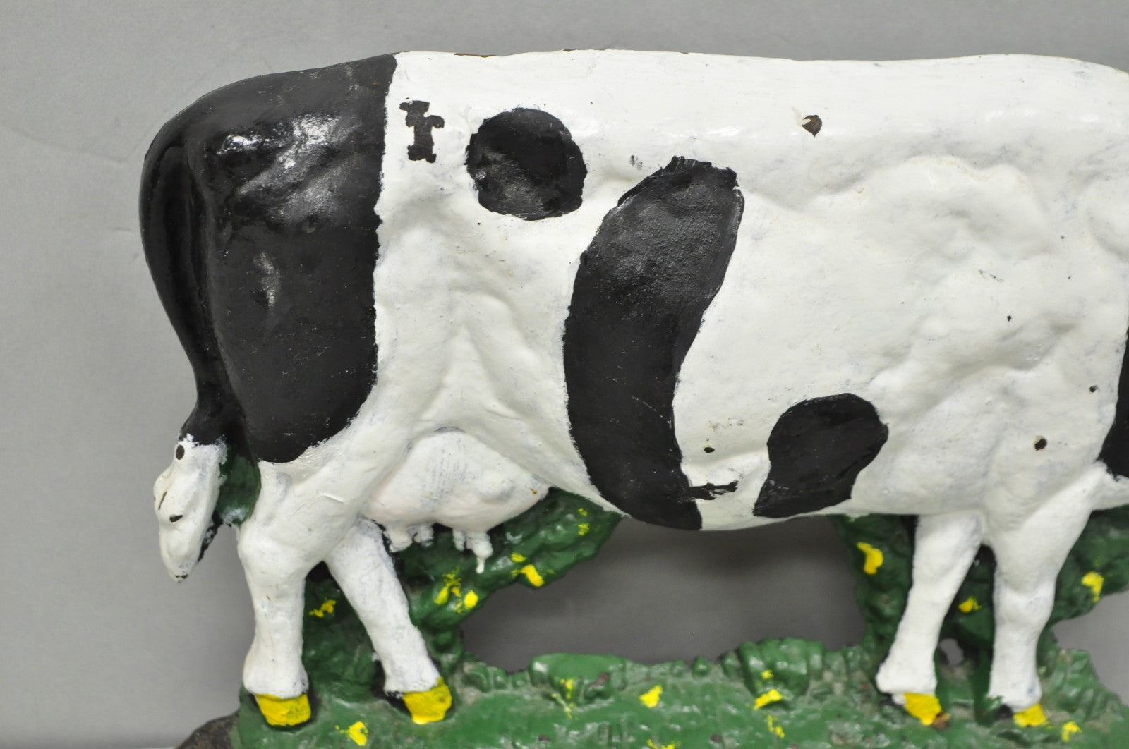 Antique Black and White Dairy Cow Cast Iron Painted Large Figural Door Stop