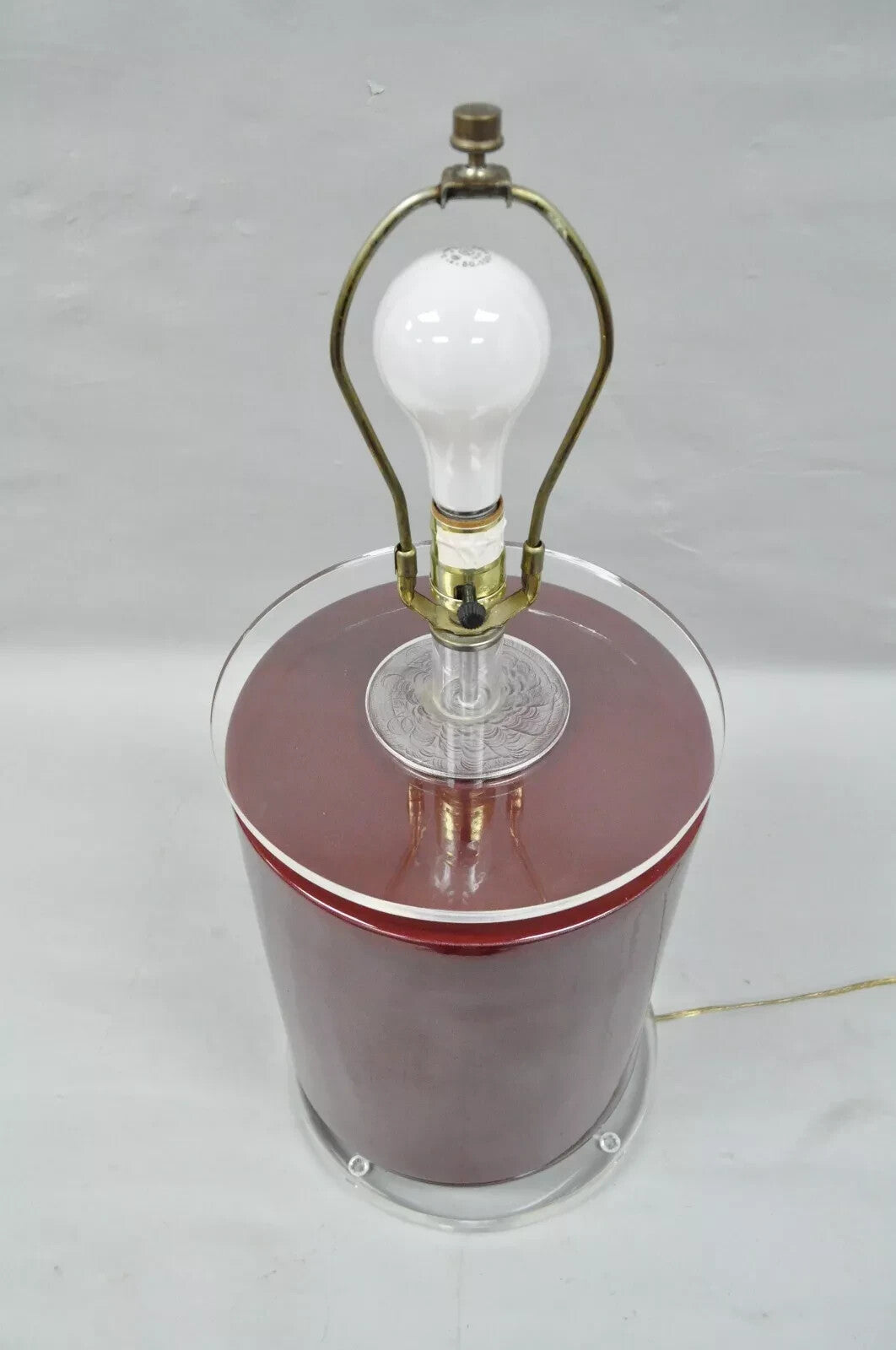 Vintage Mid Century Modern Red Ceramic Cylinder & Lucite Modernist Table Lamp