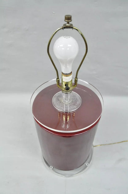Vintage Mid Century Modern Red Ceramic Cylinder & Lucite Modernist Table Lamp