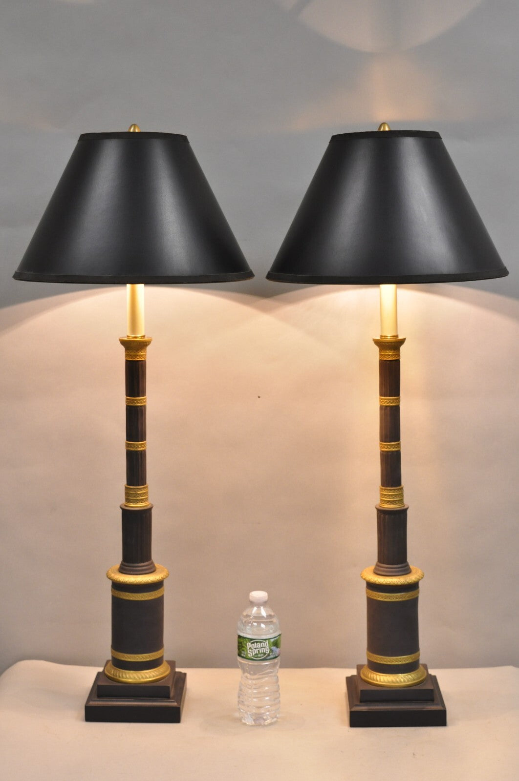 Vintage Marbro French Empire Porcelain Bouillotte Candlestick Table Lamps Pair