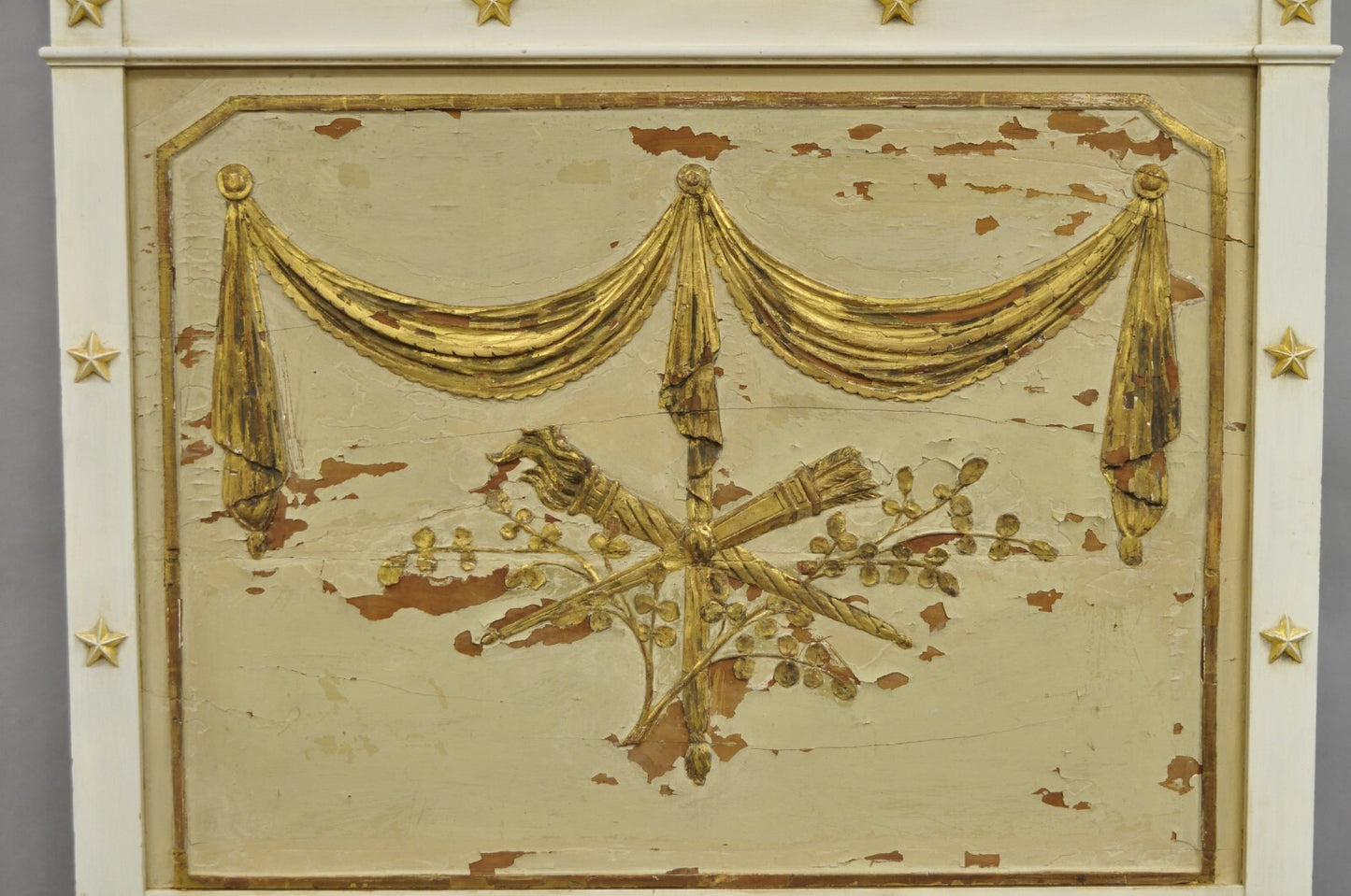 Antique Italian Neoclassical White Distress Painted Gold Gilt 72" Trumeau Mirror