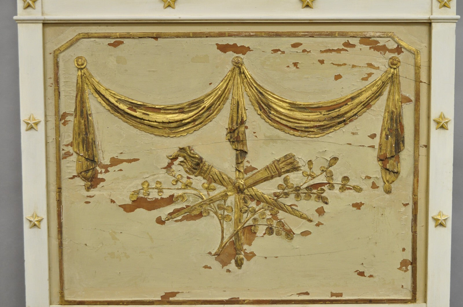 Antique Italian Neoclassical White Distress Painted Gold Gilt 72" Trumeau Mirror