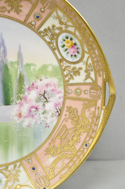 Antique Nippon Hand Painted Porcelain Gold Gilt Swan & Lake Scene Cabinet Plate