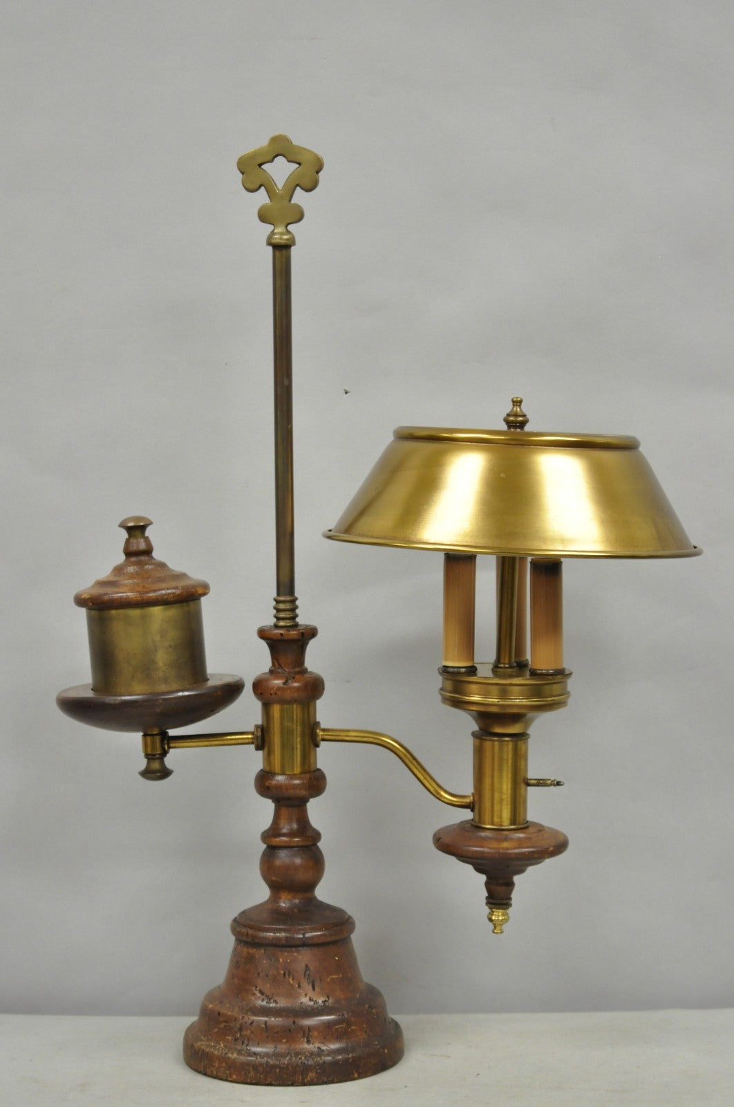 Vintage French Country Distressed Wood Brass Student Desk Lamp w/ Metal Shade
