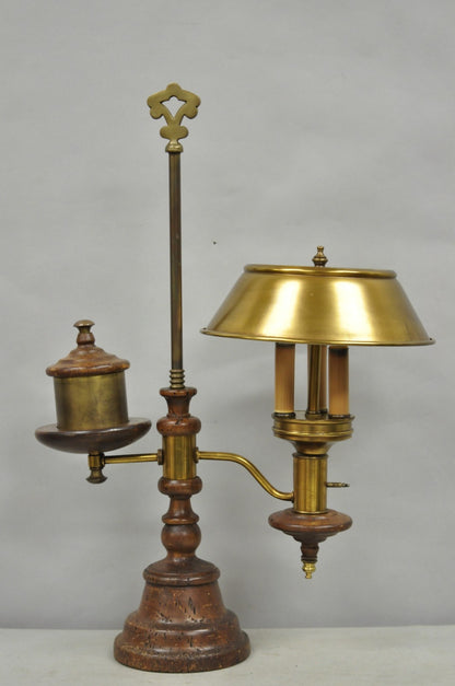 Vintage French Country Distressed Wood Brass Student Desk Lamp w/ Metal Shade
