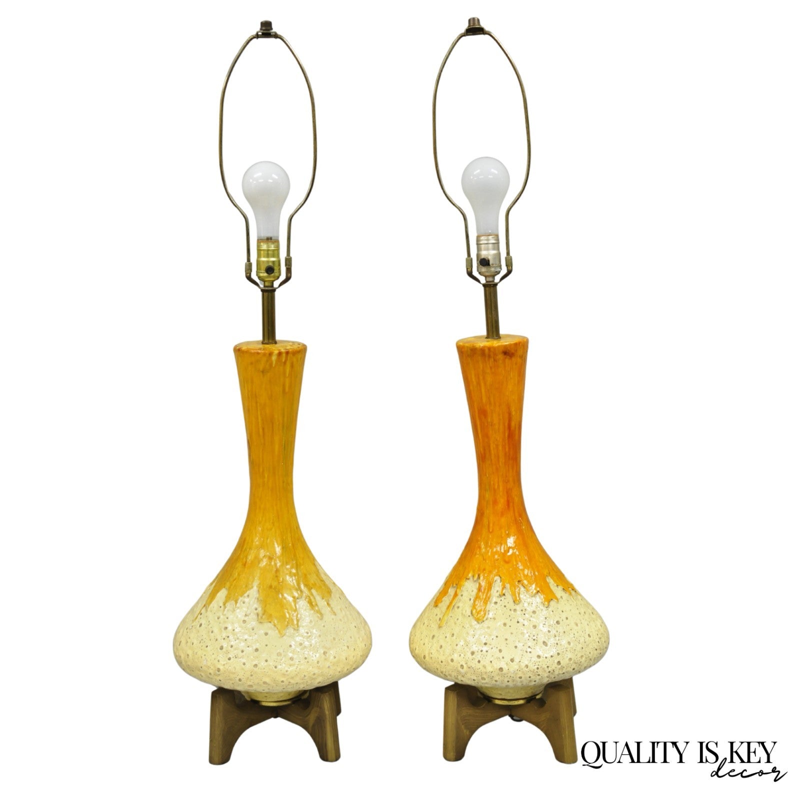 Vintage Mid Century Modern Orange Drip Glazed Ceramic Table Lamps - a Pair