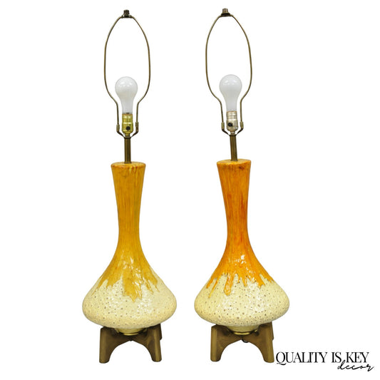 Vintage Mid Century Modern Orange Drip Glazed Ceramic Table Lamps - a Pair