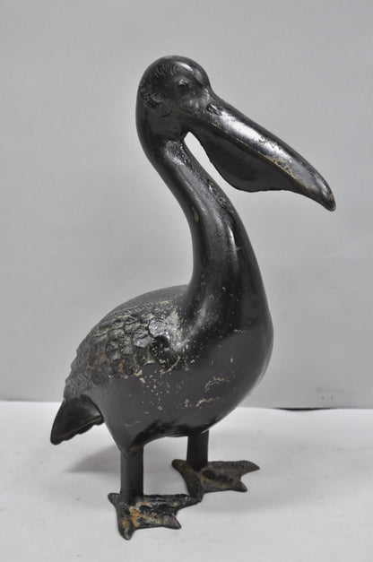 Vintage Japanese Cast Iron Black 17" Pelican Bird Garden Statue Sculpture