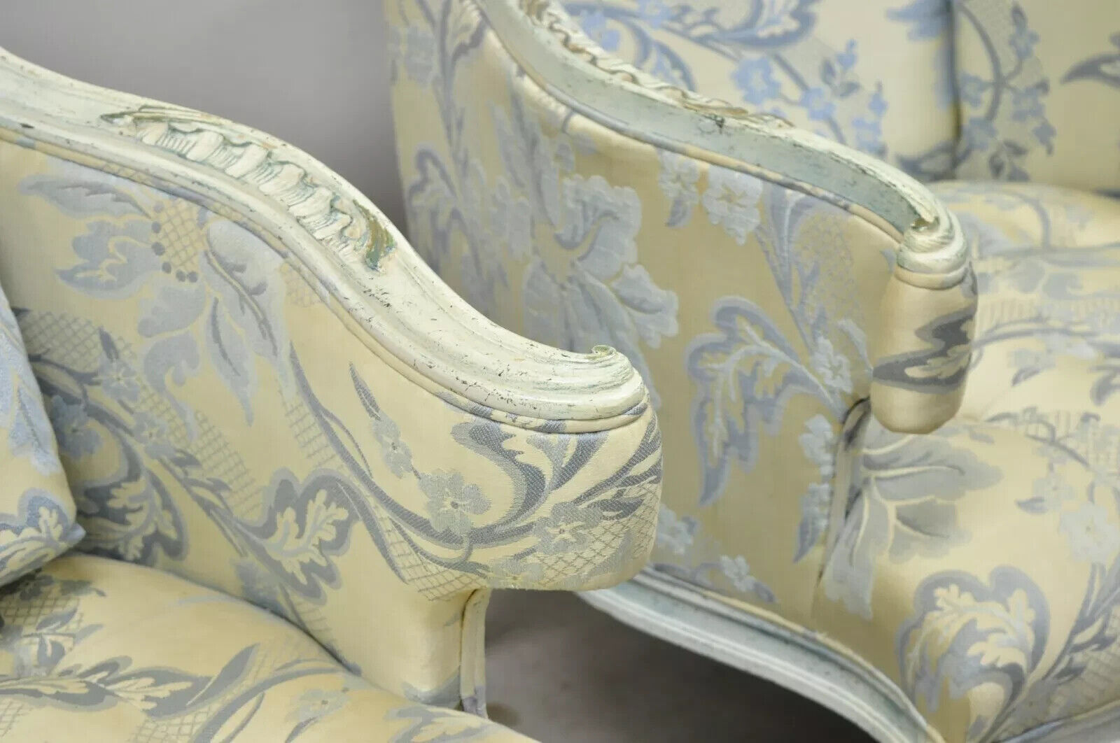 Vintage French Provincial Blue & Cream Painted Club Lounge Chairs - a Pair