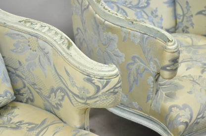 Vintage French Provincial Blue & Cream Painted Club Lounge Chairs - a Pair