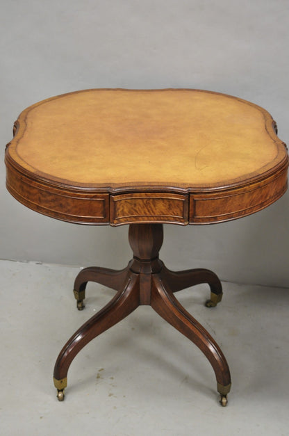 Vintage English Regency Leather Top Mahogany Drum End Table w/ 4 Drawers - Pair
