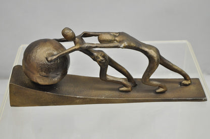 Modern Abstract Brutalist Cast Metal Sculpture Figures Pushing Boulder up Hill