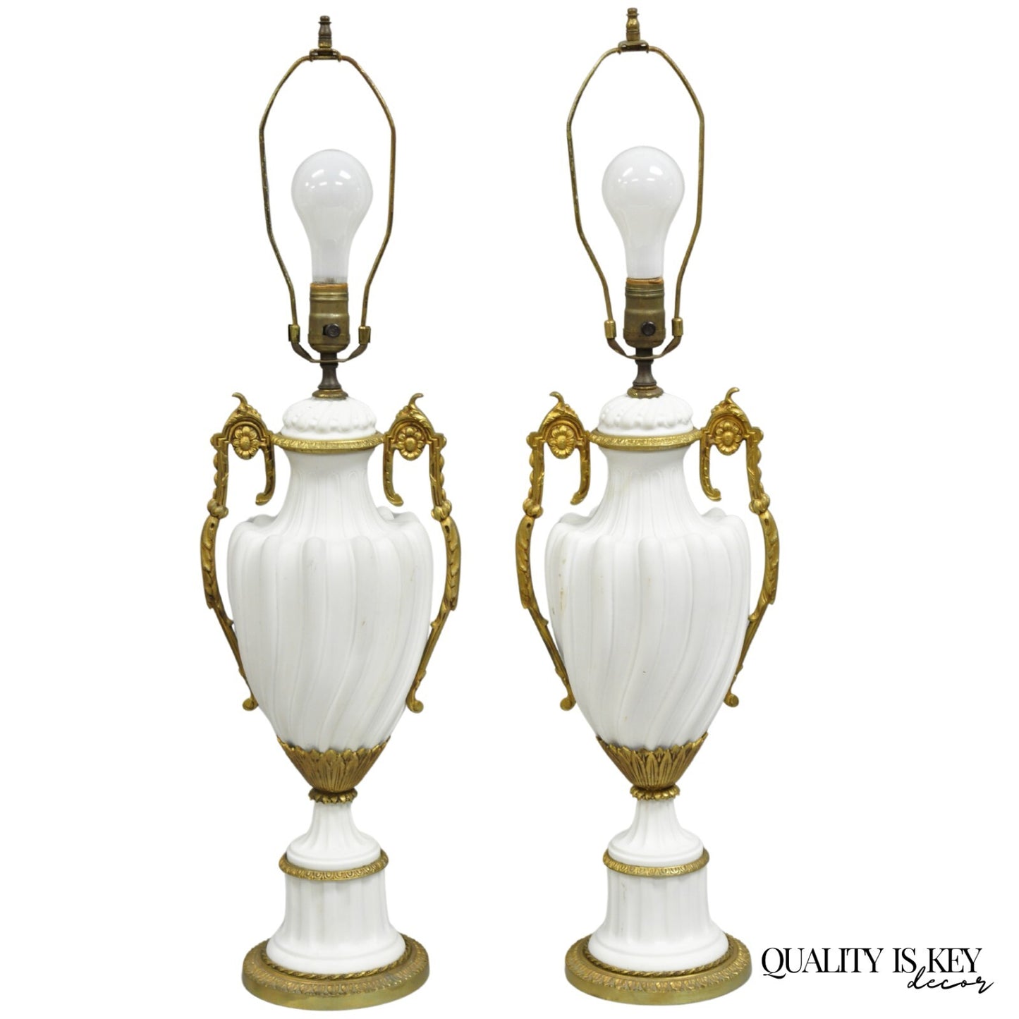 Antique French Louis XVI Style Gilt Bronze Porcelain Urn Table Lamps - a Pair