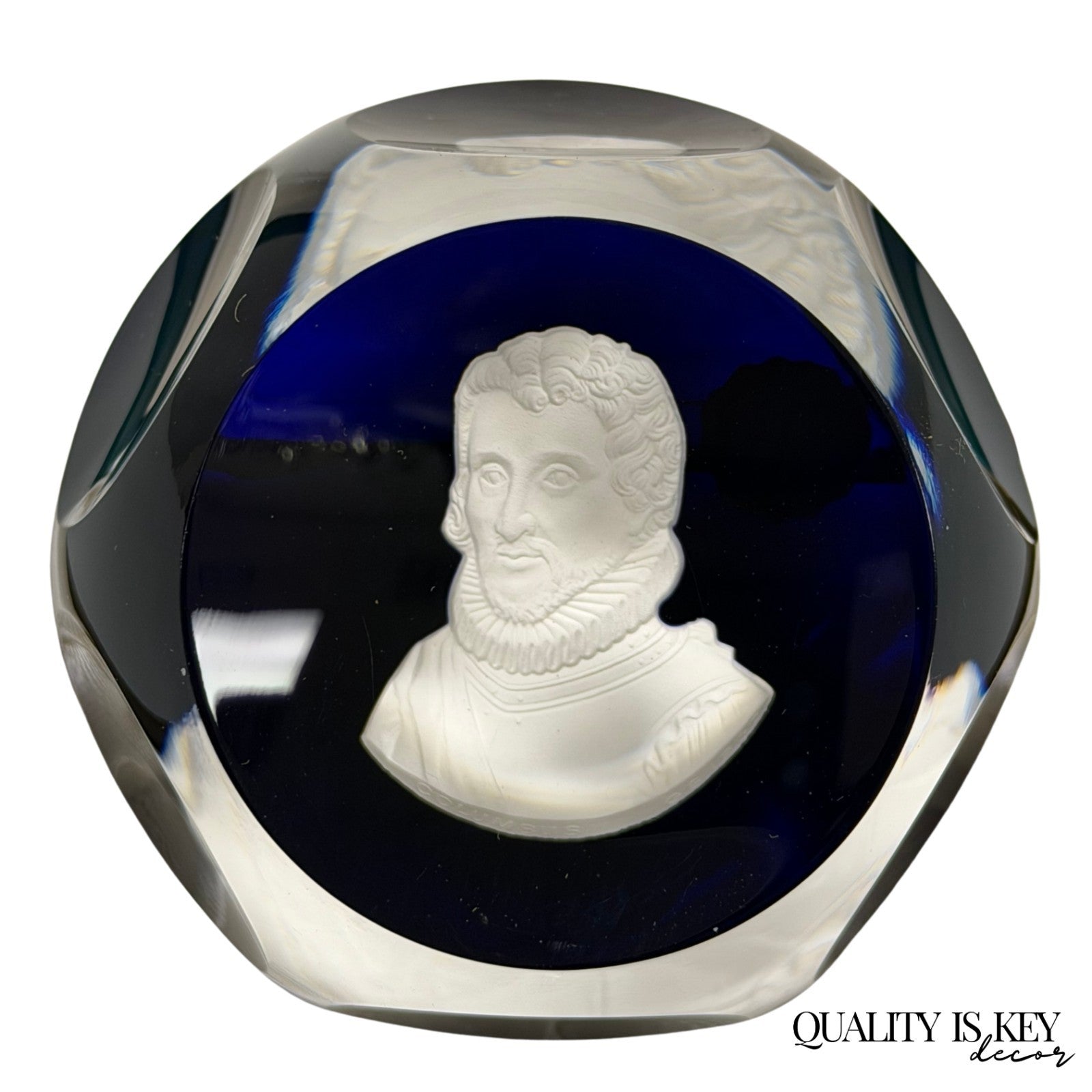 Cristal D'Albret France Christopher Columbus Sulphide Paperweight Faceted Blue