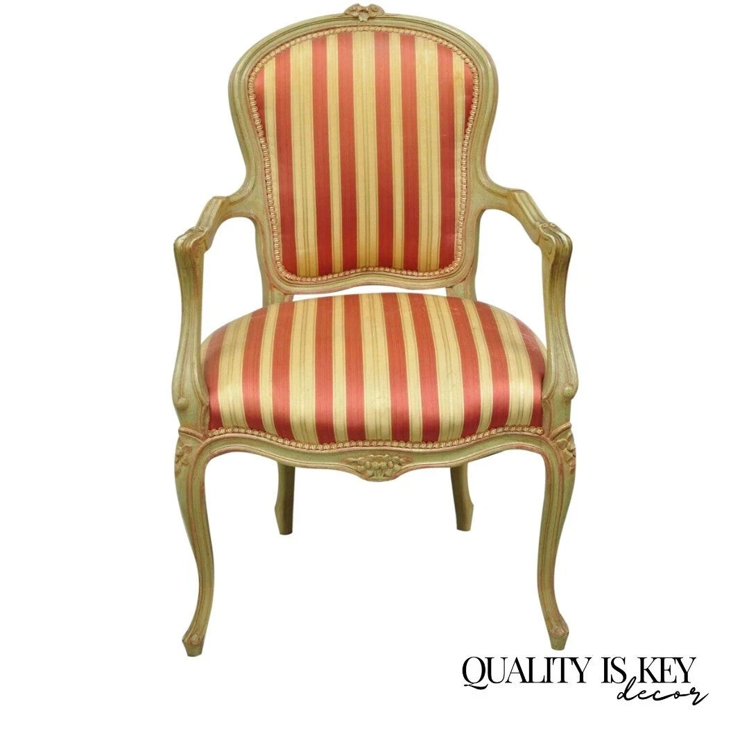 Vintage French Louis XV Style Green & Pink Painted Arm Chair w/ Striped Fabric