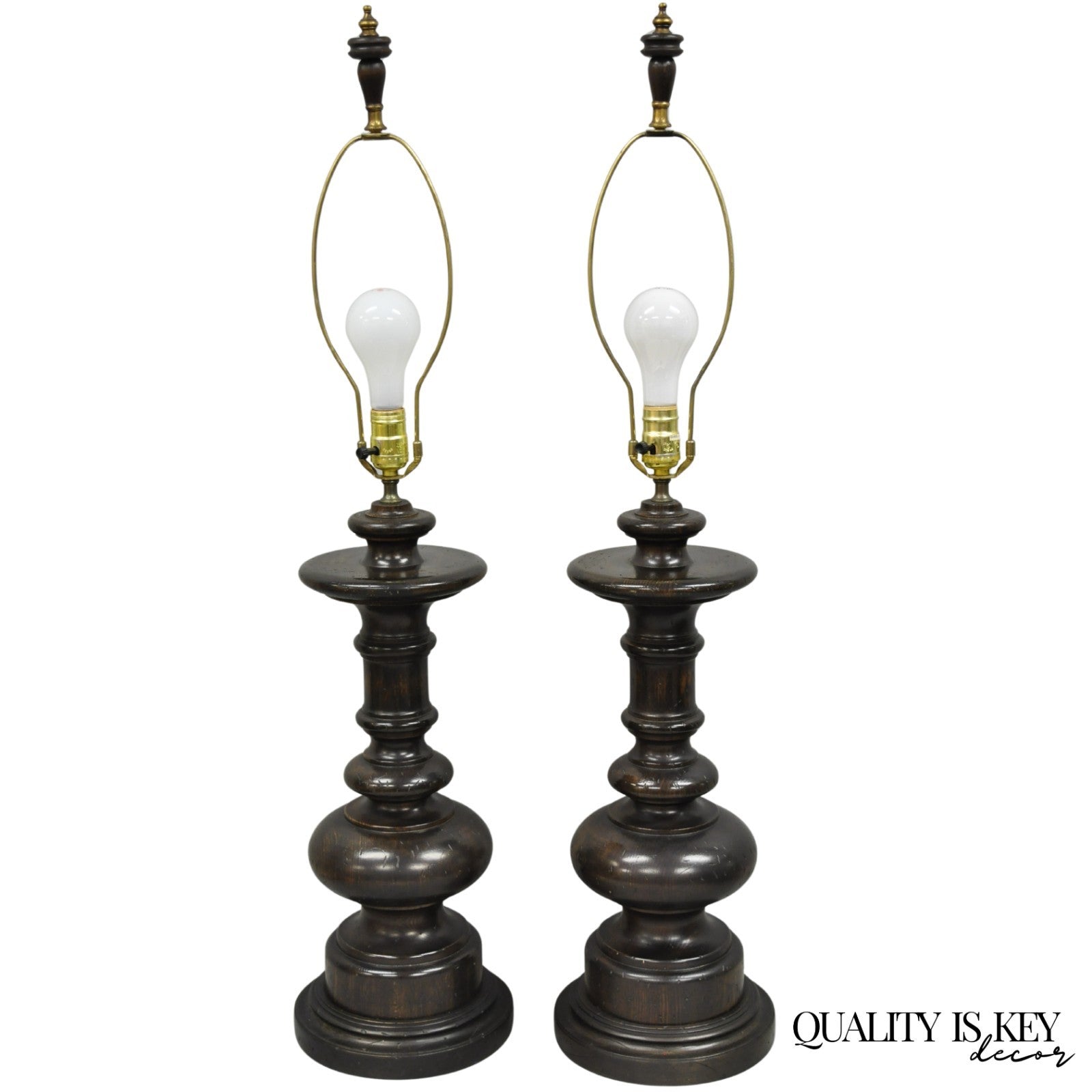 Vintage French Country Farmhouse Distressed Solid Carved Wood Table Lamps - Pair