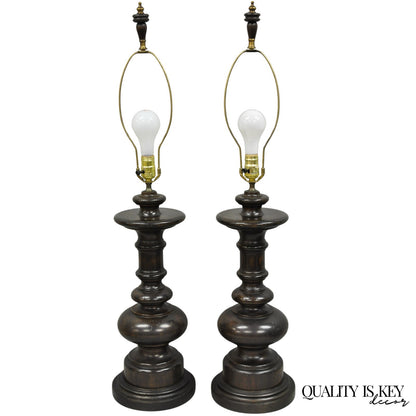 Vintage French Country Farmhouse Distressed Solid Carved Wood Table Lamps - Pair