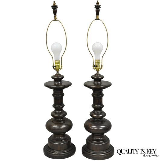 Vintage French Country Farmhouse Distressed Solid Carved Wood Table Lamps - Pair