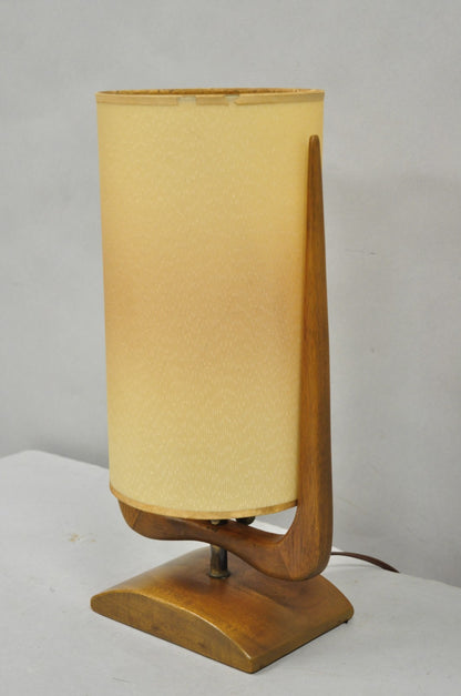 Vintage Mid Century Modern Sculpted Walnut Small Table Lamp w/ Shade by Modeline