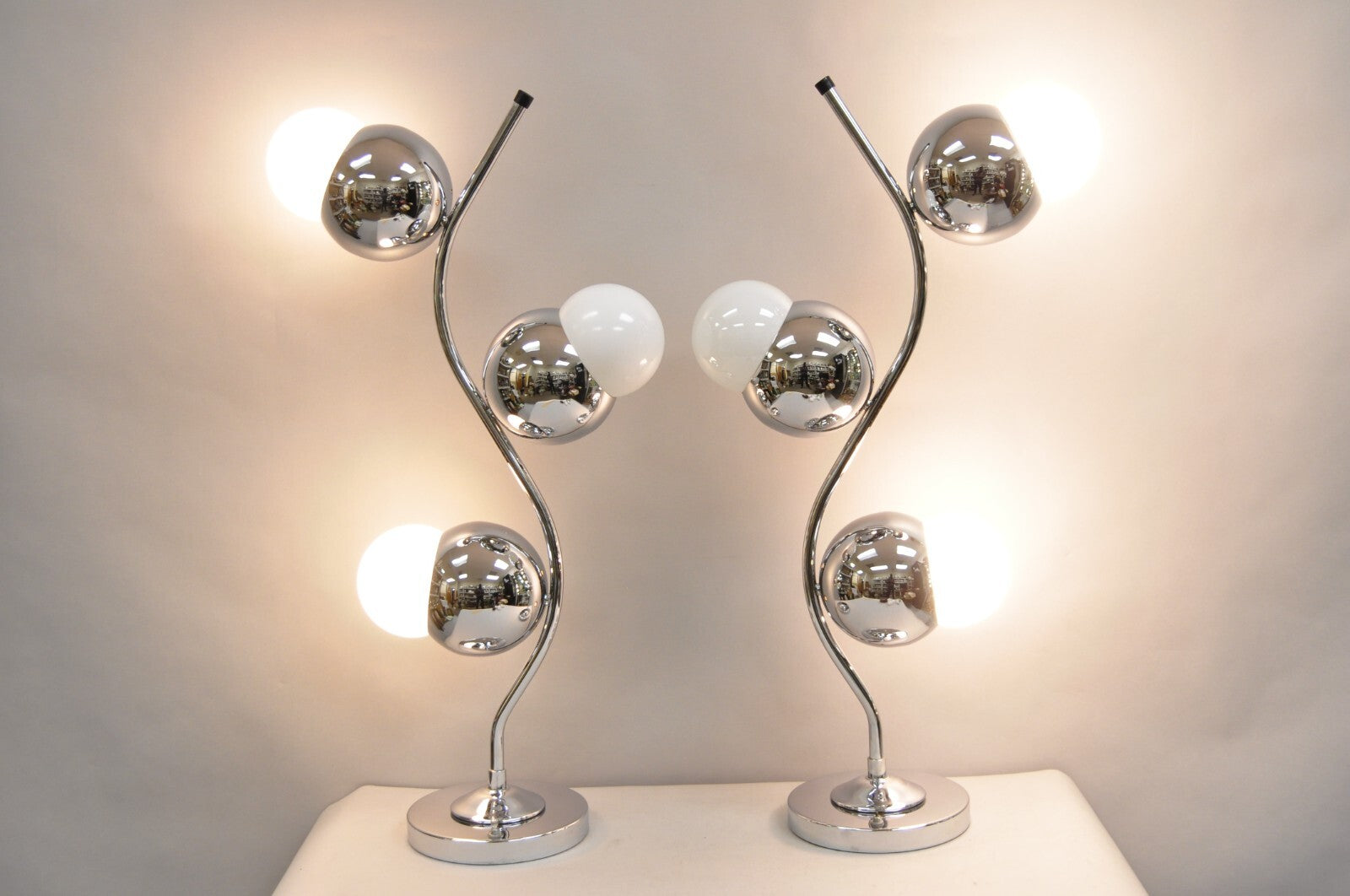 Vintage Mid Century Modern Sculptural Chrome Orb 3 Light Table Lamp -  a Pair