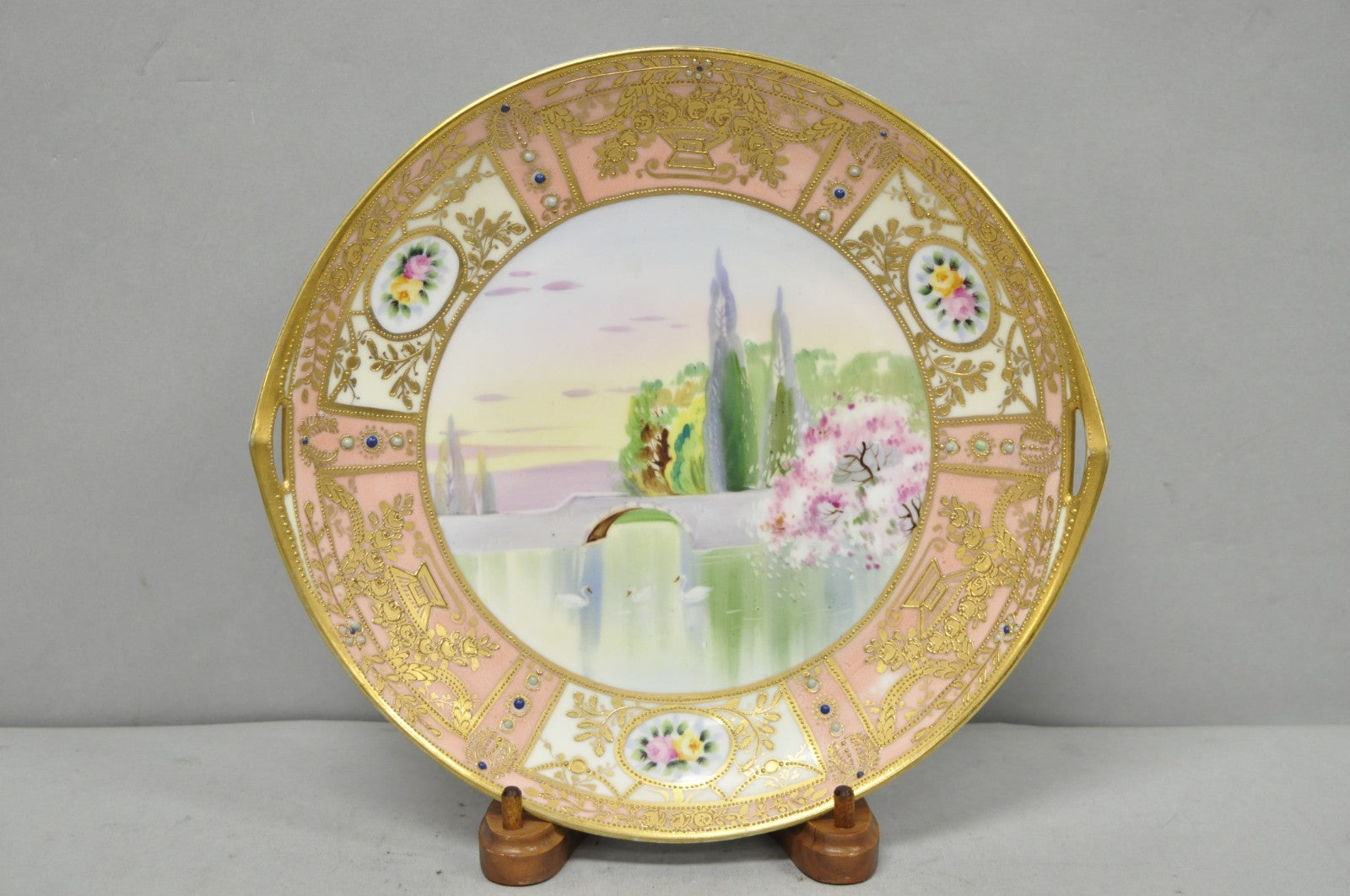 Antique Nippon Hand Painted Porcelain Gold Gilt Swan & Lake Scene Cabinet Plate