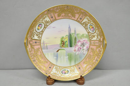 Antique Nippon Hand Painted Porcelain Gold Gilt Swan & Lake Scene Cabinet Plate