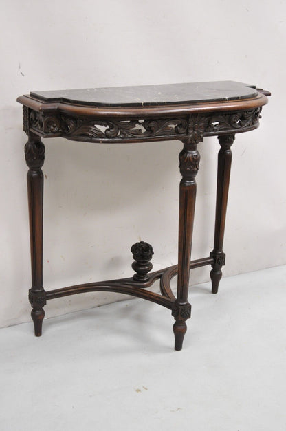 Antique French Louis XVI Carved Black Marble Top Demilune Console Hall Table