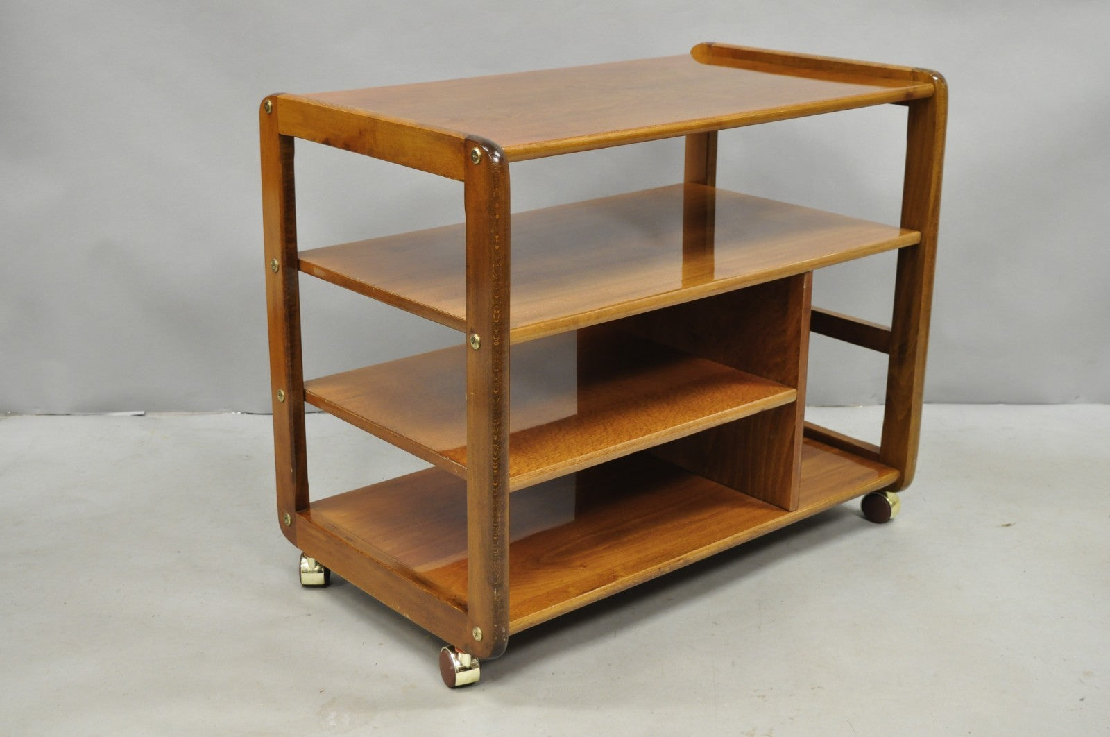 Vintage Mid Century Modern Lacquered Cherry Wood Rolling Cart TV Stand Shelf