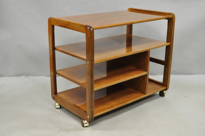 Vintage Mid Century Modern Lacquered Cherry Wood Rolling Cart TV Stand Shelf