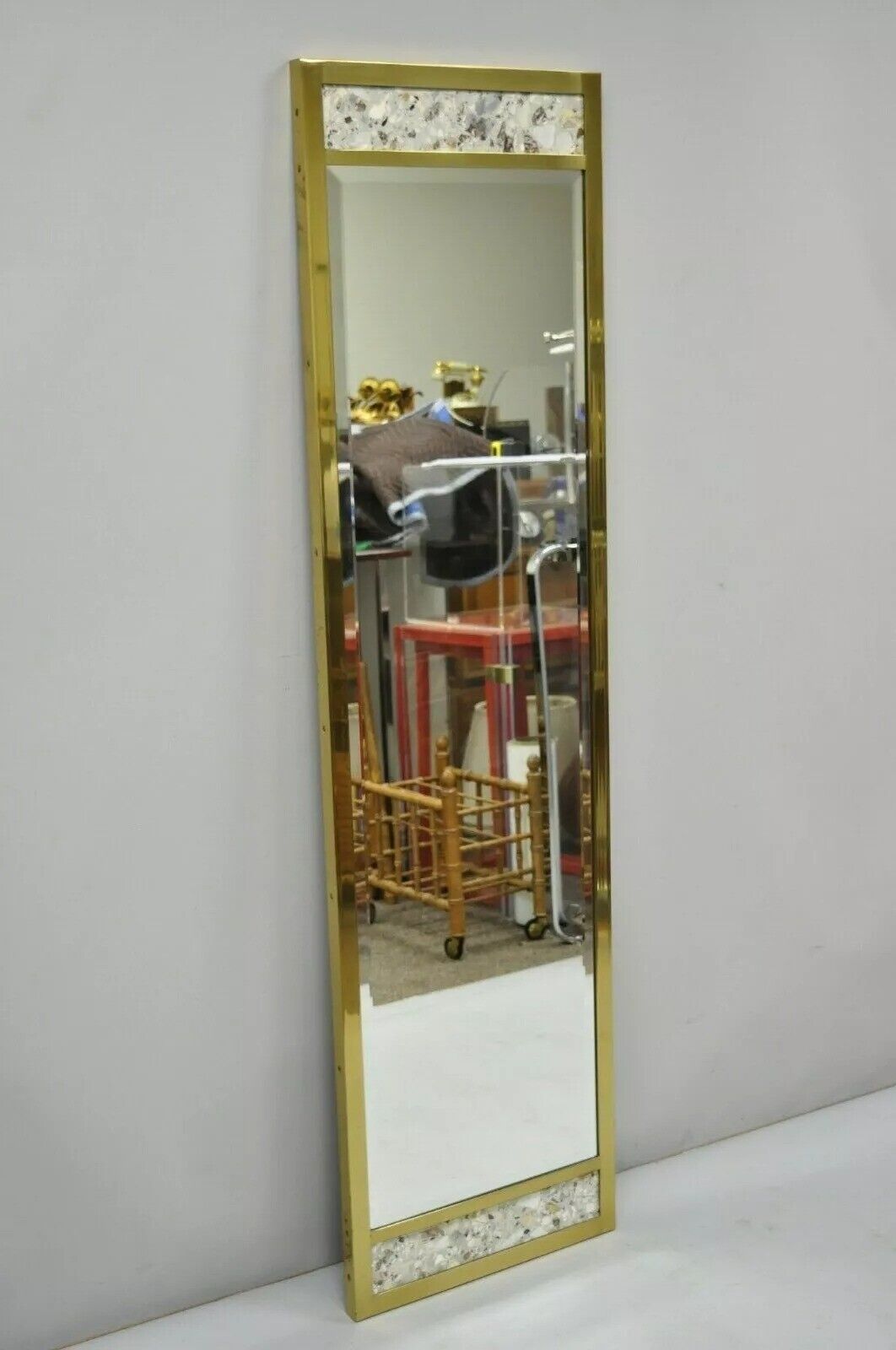 Vintage JL Metz Tomlinson Modern Brass Frame Marble Inlay 65" Tall Narrow Mirror