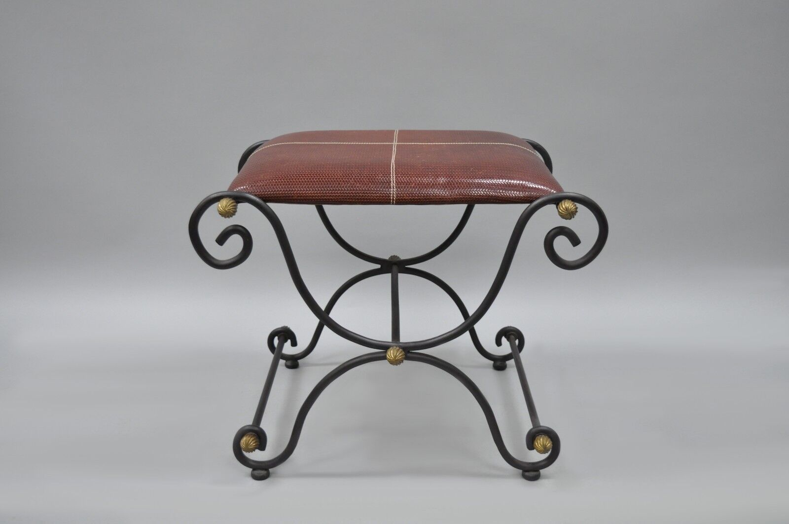 Spanish Regency Style Iron X-Base Curule Bench Stool with Red Woven Leather Seat