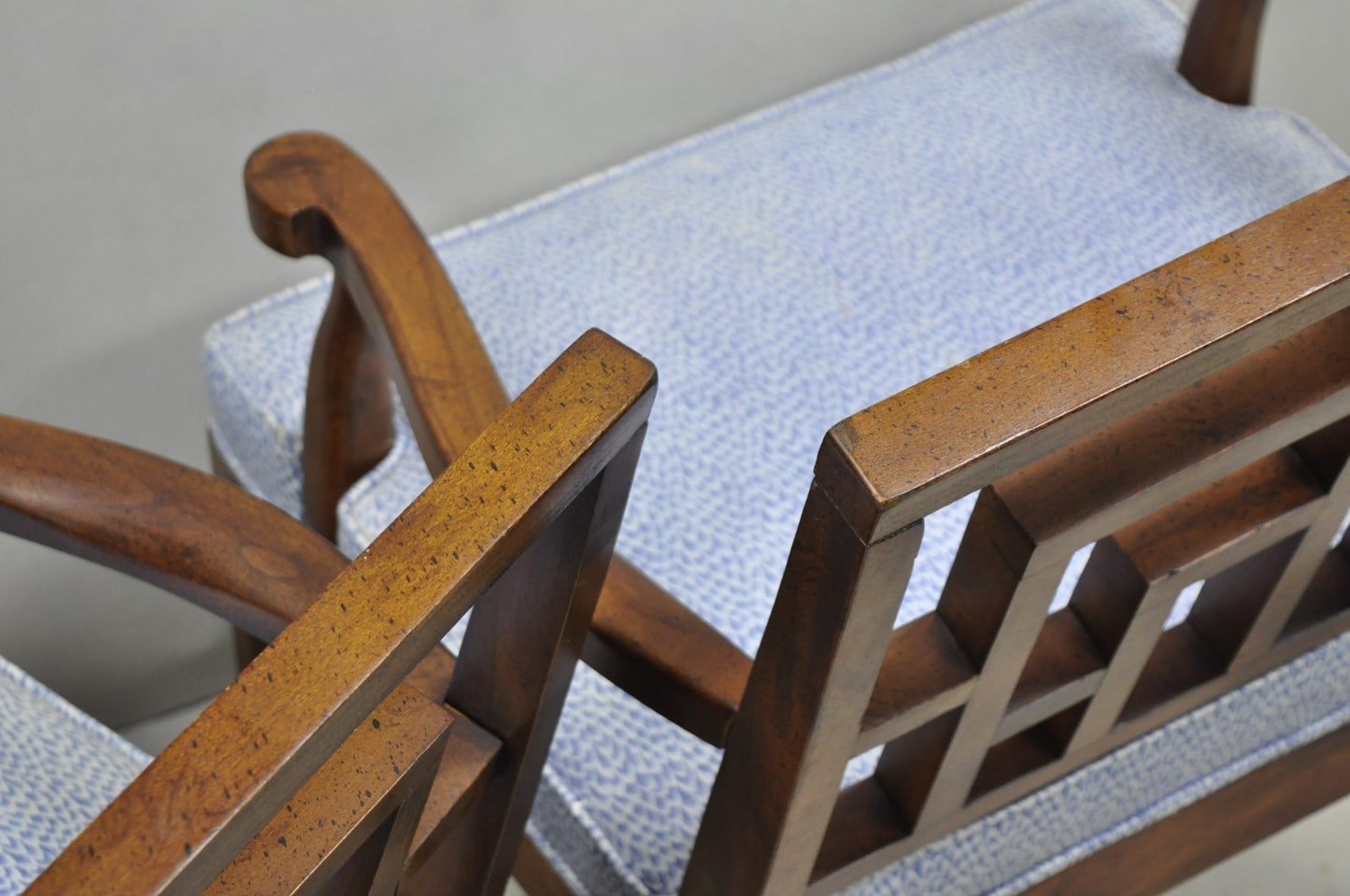 Vintage Chinese Chippendale James Mont Style Fretwork Lounge Arm Chairs - a Pair