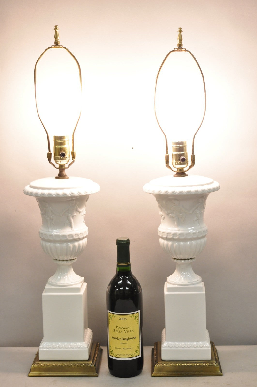 Vintage Italian Neoclassical White Porcelain Urn Table Lamps w/ Cherubs - a Pair