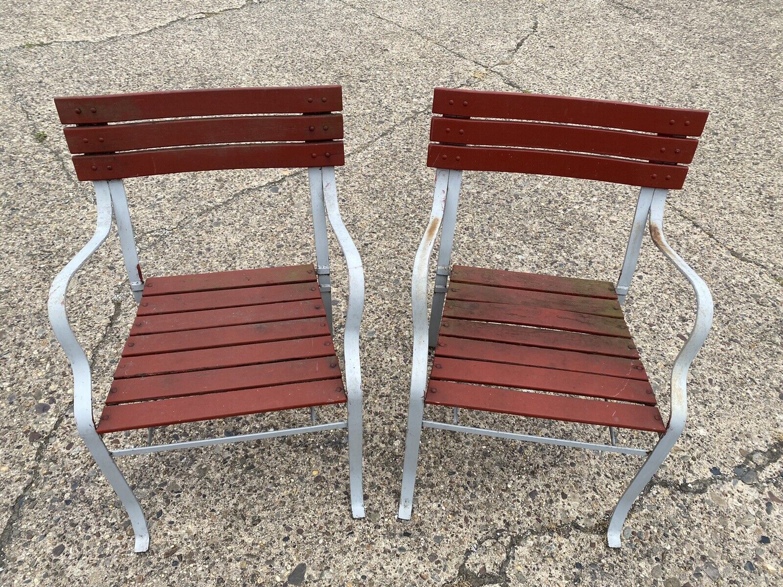Vintage Wrought Iron and Wood Slat French Style Garden Outdoor Chairs - a Pair