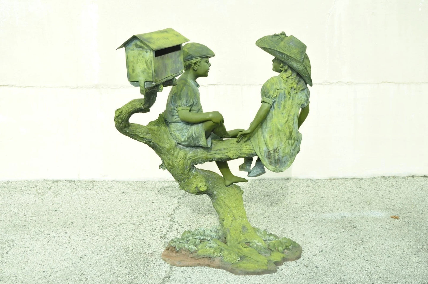 Jim Davidson Large Bronze Verdigris Mailbox Garden Statue Boy and Girl on Tree