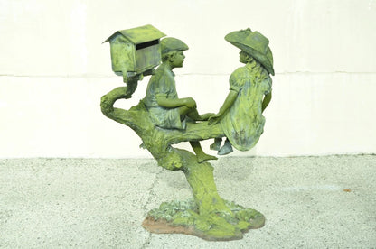 Jim Davidson Large Bronze Verdigris Mailbox Garden Statue Boy and Girl on Tree