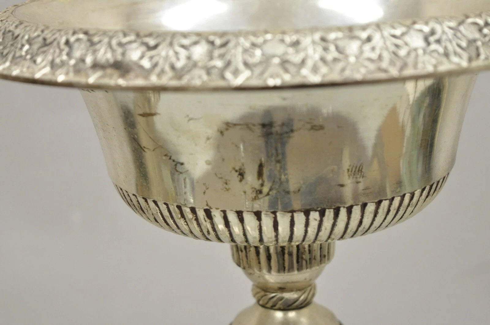 French Renaissance Silver Plated Tall Ornate Compote Centerpiece Dish Bowl Pair