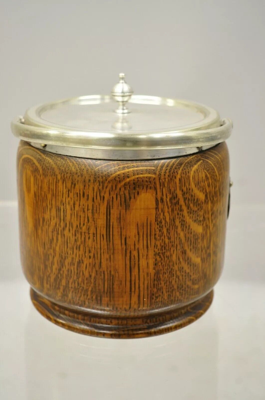 Antique H.C. & C. English Silver Plate and Oak Biscuit Barrel with Lid and Liner