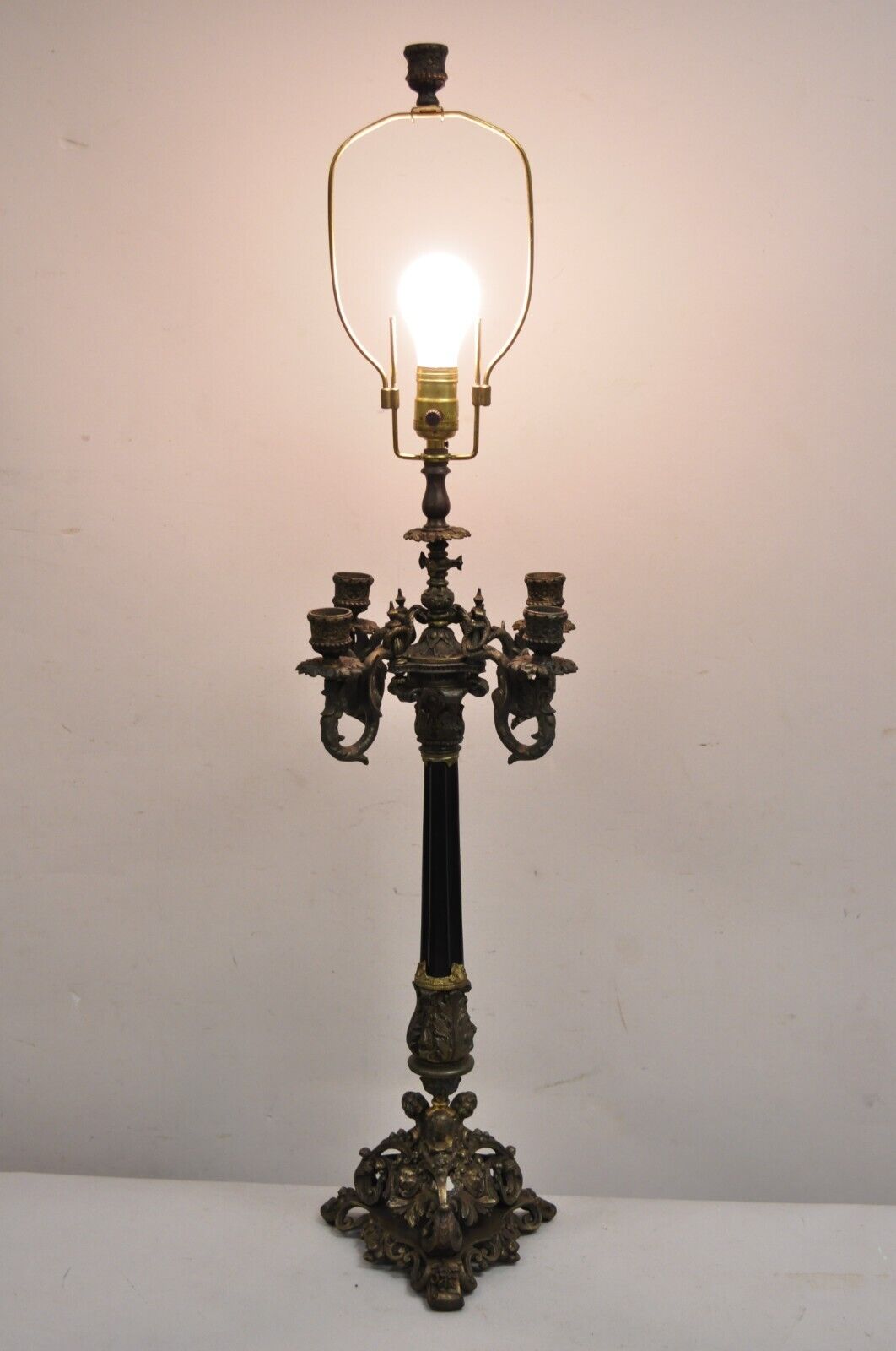 Antique French Empire Renaissance Gilt Metal Figural Candelabra Table Lamp